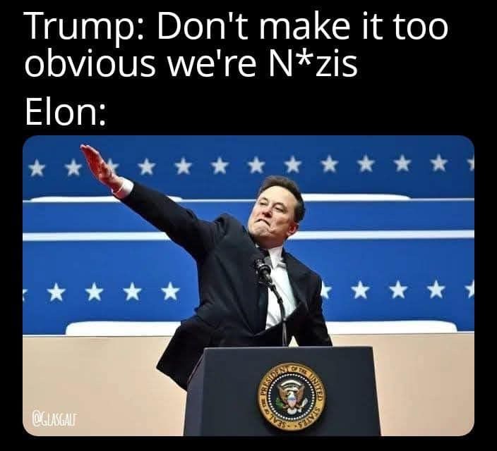 Elon Musk giving a Nazi Salute. Caption reads Trump: Don't make it too obvious. Elon: *gives nazi salute*