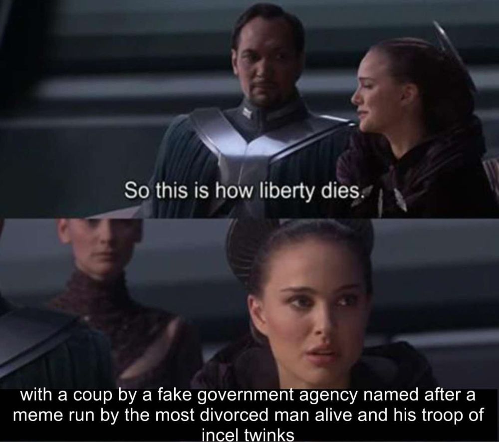 Star wars meme:

So this is how liberty dies?

With a coup run by a fake govt agency named after a meme run by the most divorced man alive and his troop of incel twinks