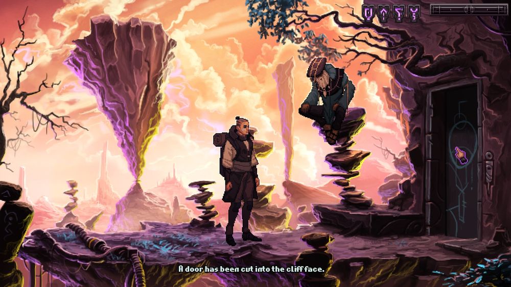 A scene with a traveller on a cliff with balancing rocks and cairns, and a strange man sitting on one of the cairns.