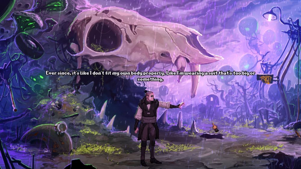 A man stands in the rain, near a giant skull cave, car wrecks and glowing fungi. Against a purple sky he says 