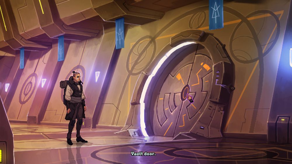 A traveller in front of a large, round door that says "Vault door" in a science fantasy style environment.