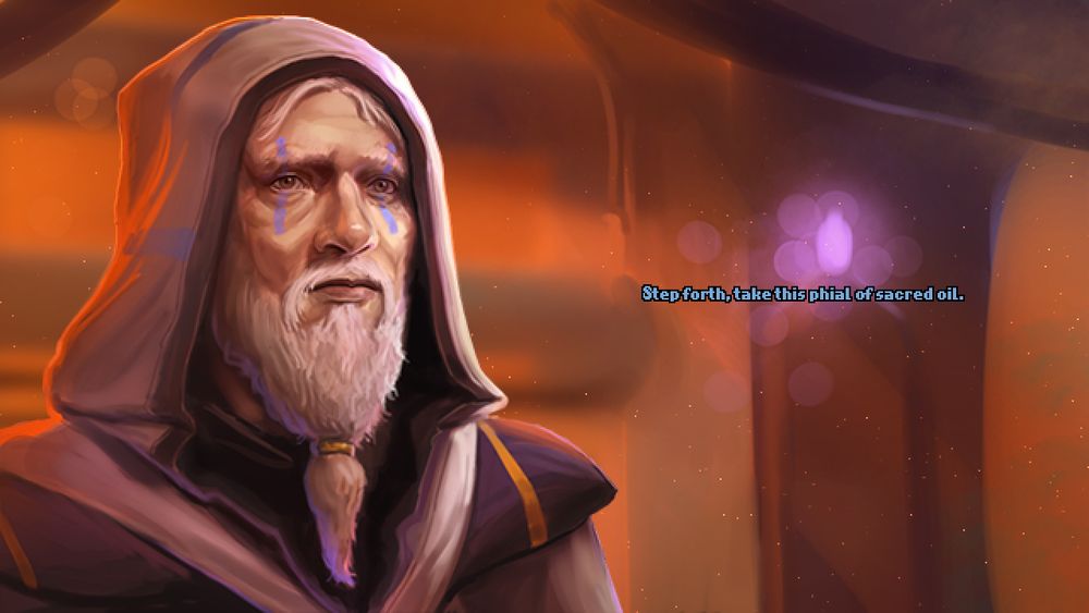 A close up of a hooded, bearded elderly man saying "Step forth, take this phial of sacred oil."