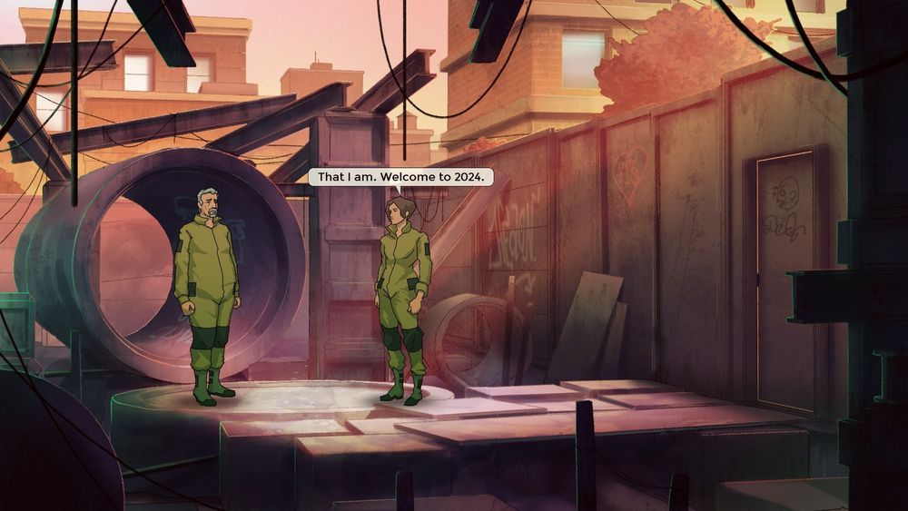 Two characters in jumpsuits in a construction site, one of them saying "That I am. Welcome to 2024".