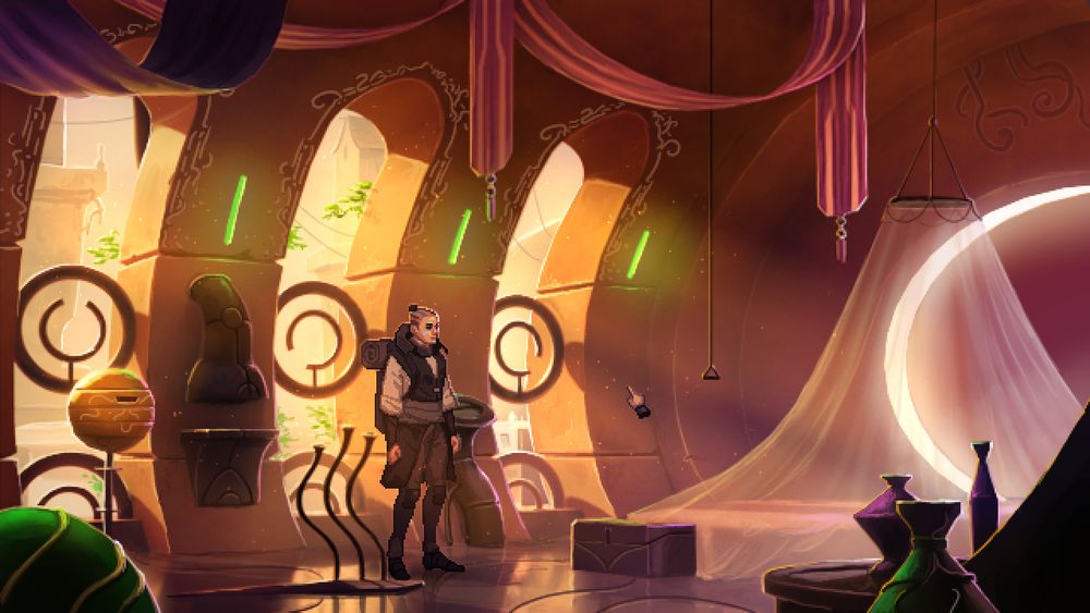 A traveller in a science fantasy room with arched windows, hanging banners, a net over a bed and various ornaments and devices visible.