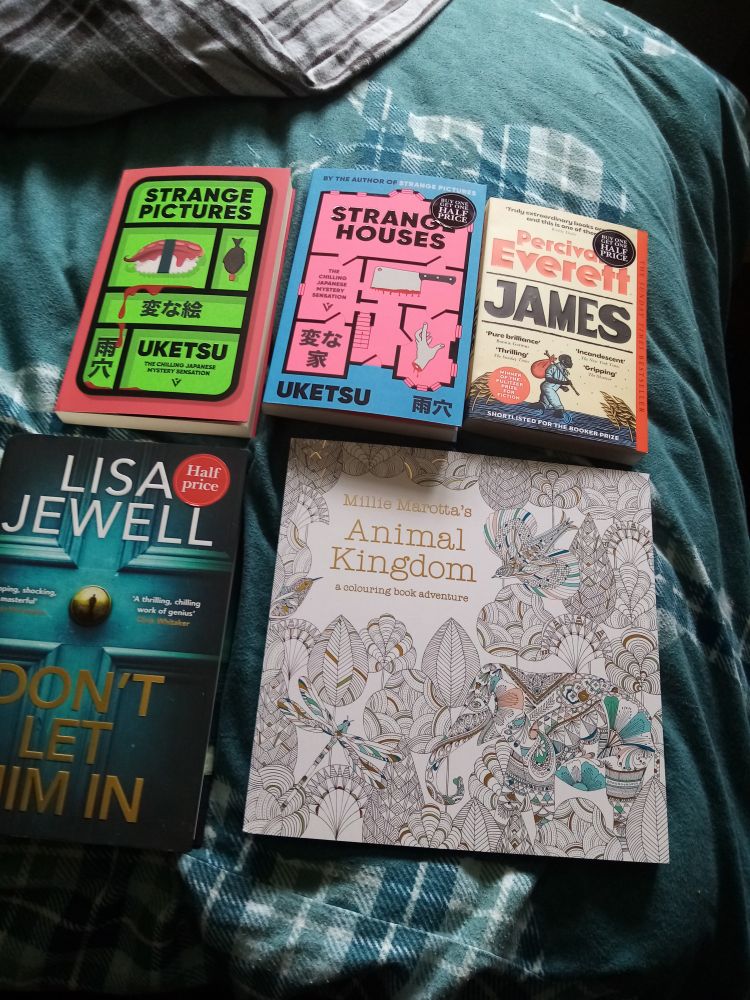 5 books lie across a bed,

Strange pictures and strange houses, both by Uketsu
James by Perival Everett
Dont let him in by Lisa Jewell

And the colouring book Animal Kingdom by Millie Marotta 
