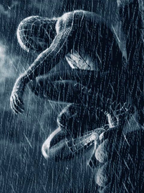 a spider man is crawling through the rain in a pixelated image