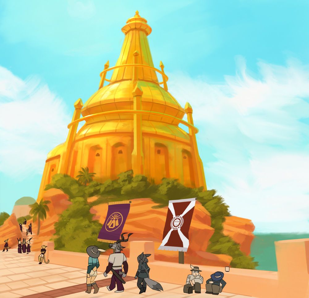 Glass, Zeb, and Janko from the webcomic Tinderkell walk across a bridge with two banners, up to a giant golden tower in the distance