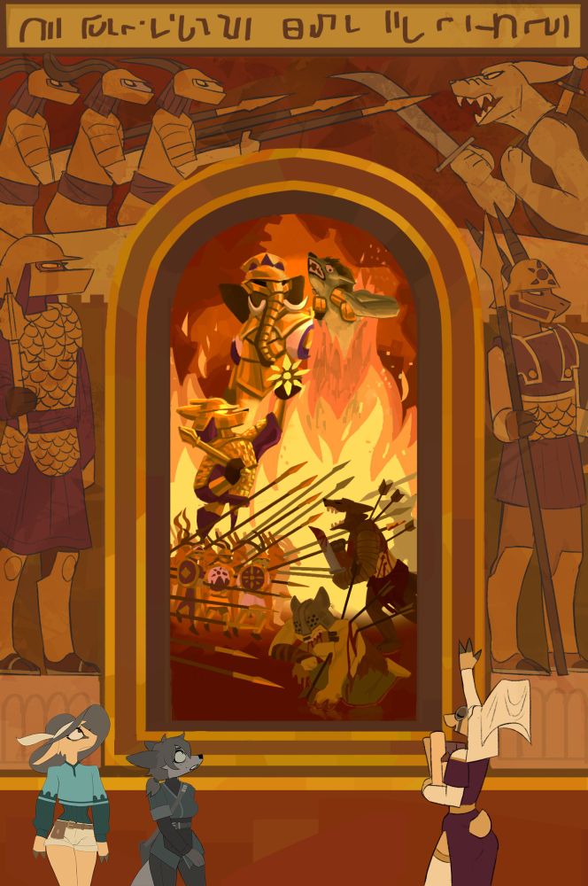 A panel from the tinderkell webcomic where Glass and Zeb are looking at a mural with a nun type character leading them