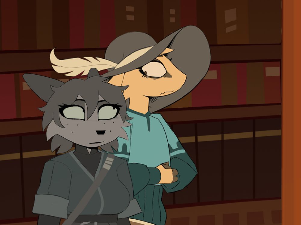 Glass and Zeb from the webcomic tinderkell looking at each other expectantly with books behind them.