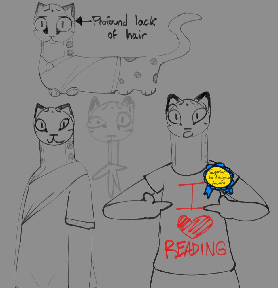 Drawings of the unamed literate sun catoxl by Threethirdcords on the Tinderkell Discord server
