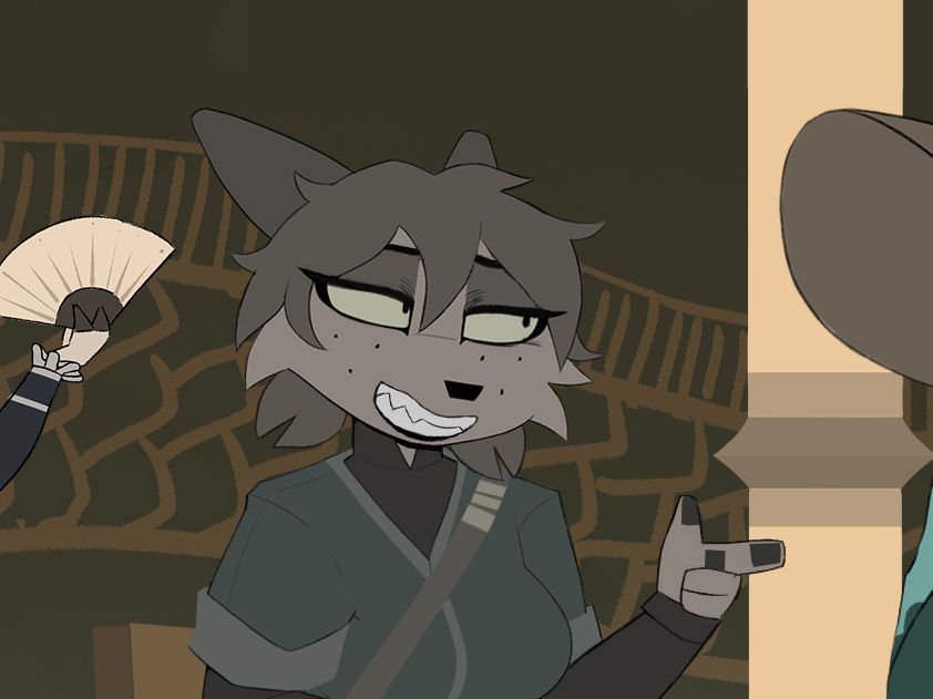 Panel from the latest tinderkell updated showing Glass in an urban street smiling and making a finger gun towards Janko