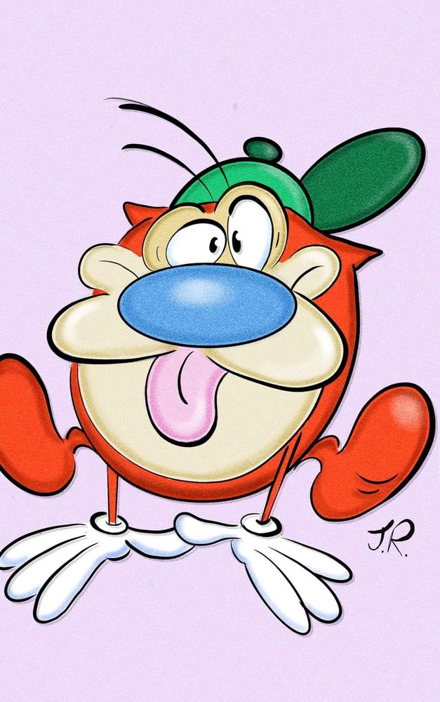 Stimpy from Ren and Stimpy doing a breakdance in a backwards green hat