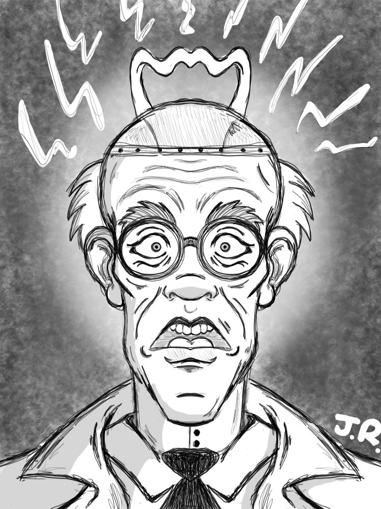 A mad scientist wearing some sort of electric helmet 