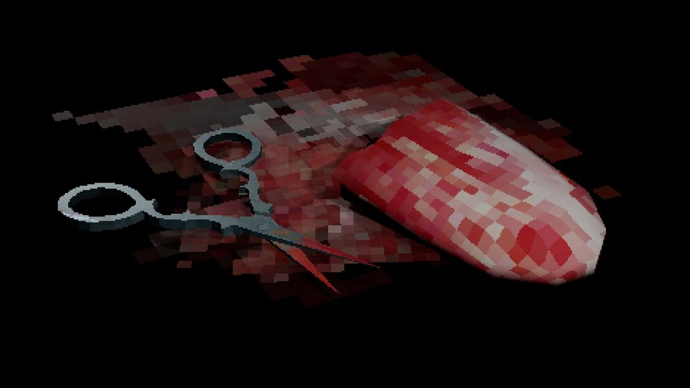 Severed tongue with bloody sewing scissors