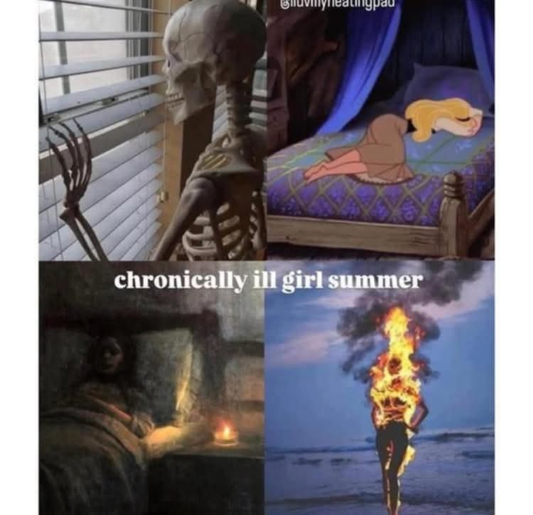 1 - a skeleton looking out window
2- sleeping beauty is in bed

chronically ill girl summer

3 - woman in bed with candle next to her

4 - woman on fire