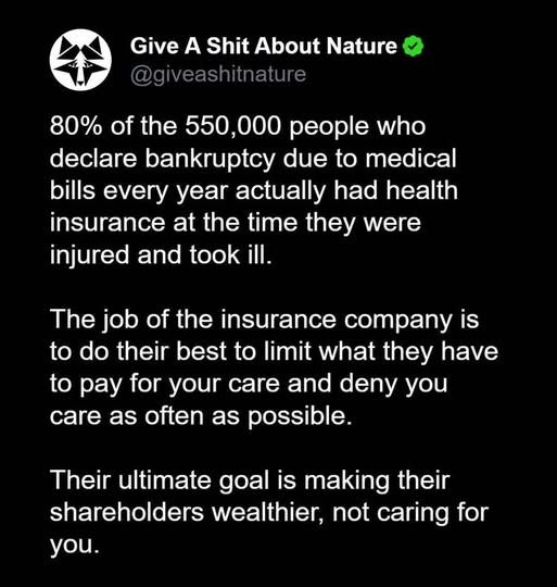 @giveashitnature on X

80% of the 550,000 people who declare bankruptcy due to medical bills every year actually had health insurance at the time they were injured and took ill. The job of the insurance company is to do their best to limit what they have to pay for your care and deny you care as often as possible. Their ultimate goal is making their shareholders wealthier, not caring for you