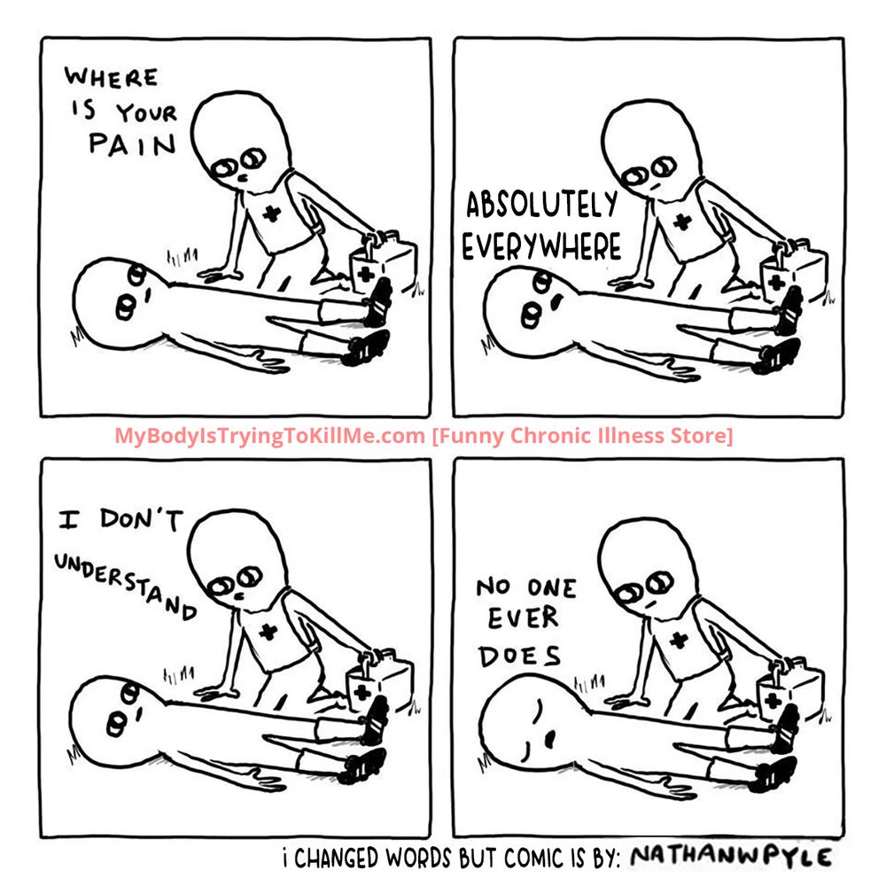 4 panel comic
1st panel: an EMT asking the patient (on the ground) 'where is your pain'

2nd panel: the patient says 'absolutely everywhere'

3rd panel: The EMT says "I don't understand'

4th panel: the patient looks defeated and says 'no one ever does'