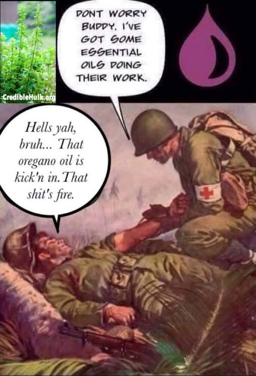 old-fashioned war illustration of a medic helping a wounded soldier, the medic says 'don't worry buddy, i've got some essential oils doing their work' and the wounded soldier replies 'hells yah, bruh...that oregano oil is kick'n in. That shit's fire'