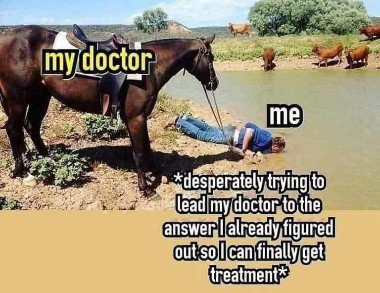a guy (me) drinking out of a stream while holding his horse's rein (my doctor) desperately trying to lead my doctor to the answer I already figured out sol can finally get treatment*