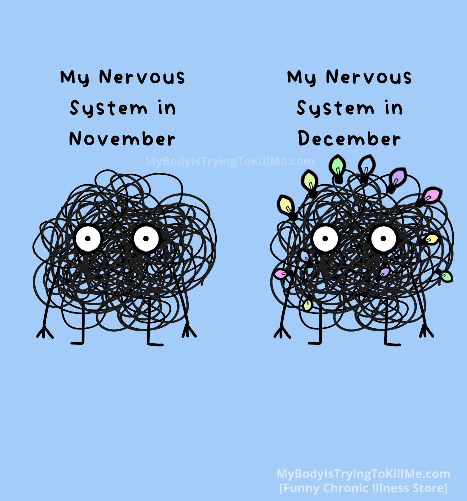 a picture of a tangled scribble guy [my nervous system in November]

a picture of a tangled scribble guy with Christmas lights all over him [my nervous system in December]
