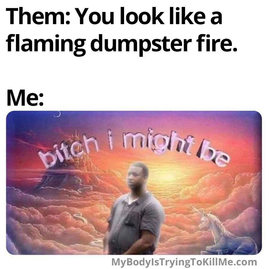 Them: you look like a flaming dumpster fire.
Me:

[a picture of a guy in the clouds, with a mountain castle and unicorn in the background with the words 'bitch I might be' over his head]