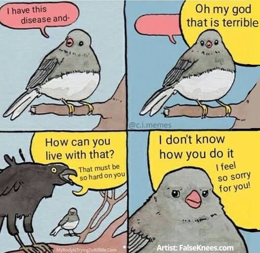 4 panel comic
1st panel: a bird, on a branch, saying 'i have this disease and'

2nd panel: another bird, a raven from off screen, says "Oh My god that is terrible"

3rd panel: the raven continues (him in forefront and birdie in background) "How can you live with that? That must be so hard on you"

4th panel: The birdie looks pissed. Raven, off screen, continues "I don't know how you do it. I feel so sorry for you!"

Artist False Knees