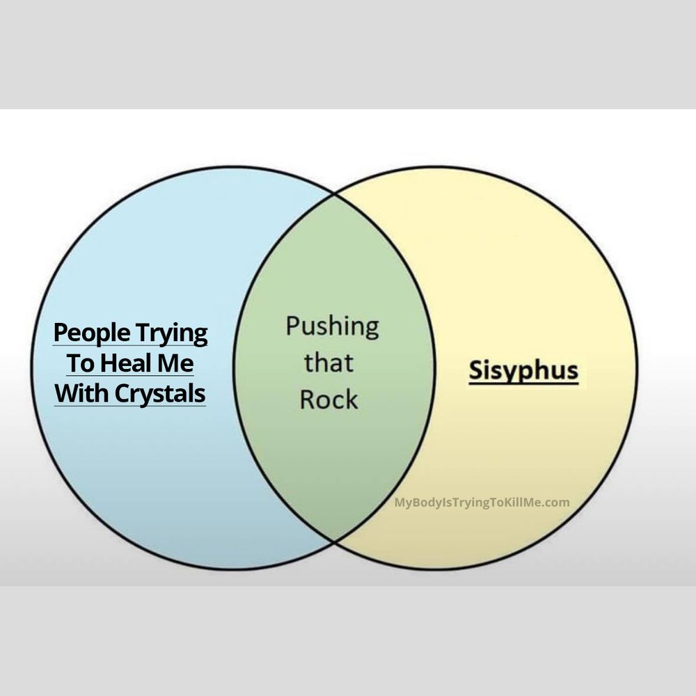 Venn diagram

blue circle says people trying to help me with crystals

yellow circle says sisyphus

center green part says pushing that rock
