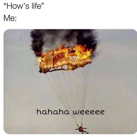 "How's life"
Me:
[pic of guy falling to his death with his parachute on fire]
hahahaha weeeeeeeeeeee