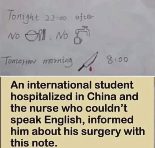 A note that says:

Tonight 22:00 after

No [pic of food spoon chopsticks. No pic of tap filling up cup]

tomorrow morning [bloody knife] 8:00

An international student hospitalized in China and the nurse who couldn't speak English, informed him about his surgery with this note.‎
