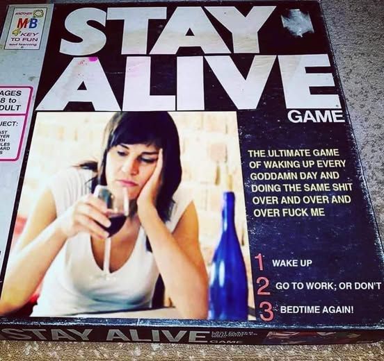 a fake board game called stay alive game - THE ULTIMATE GAME OF WAKING UP EVERY GODDAMN DAY AND DOING THE SAME SHIT OVER AND OVER AND OVER FUCK ME 1 WAKE UP 2 GO TO WORK; OR DON'T 3 BEDTIME BEDTIMEAGAIN! 