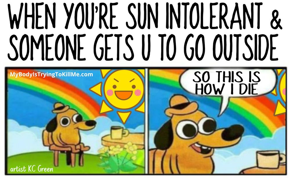 When you're sun intolerant & someone gets u to go outside

[the popular dog in the fire meme but this time he is outside with rainbows and clouds and a mean looking sun and then he smiles and says 'so, this is how i die']

artist KC Green