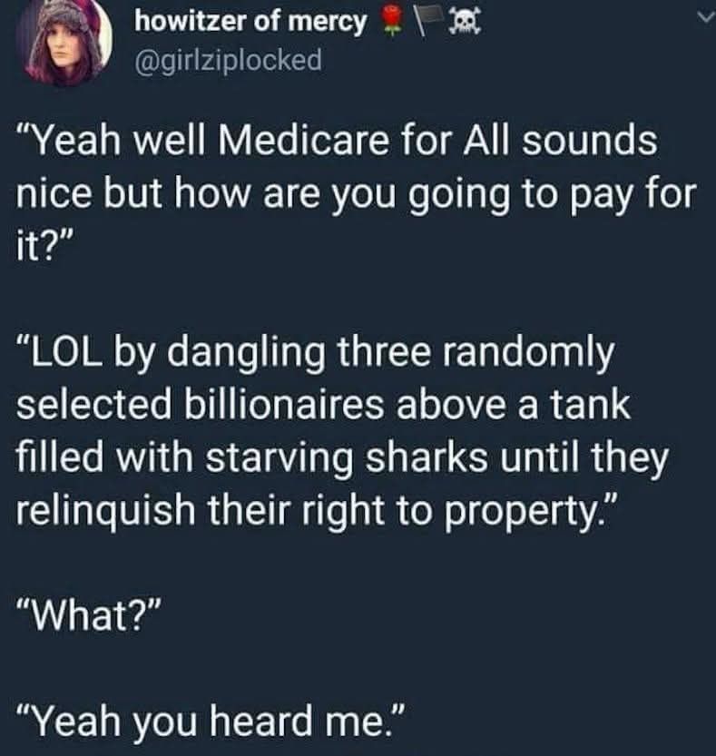 @girlziplocked > “Yeah well Medicare for All sounds nice but how are you going to pay for it?” “LOL by dangling three randomly selected billionaires above a tank filled with starving sharks until they relinquish their right to property.” “What?” “Yeah you heard me.”