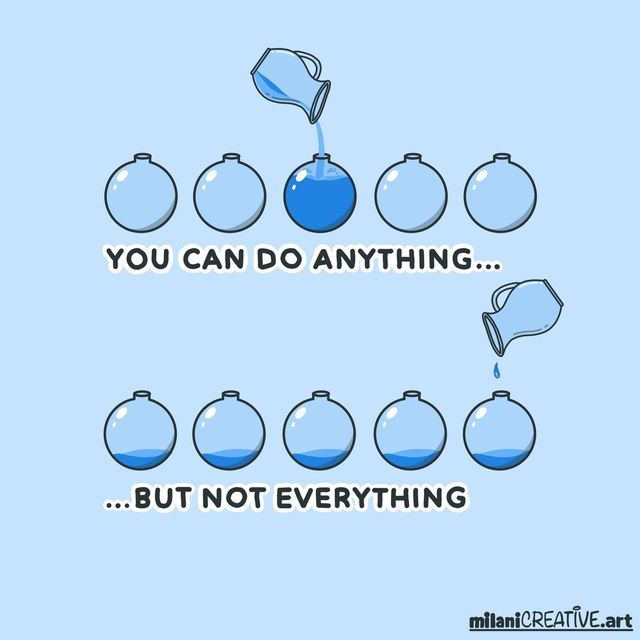 4 jars - 4 of them are empty, but the center one is being filled up to the top

You can do anything....
=====

5 jars but they are all being filled up equally low levels
....but not everything

milanicreativeart.com