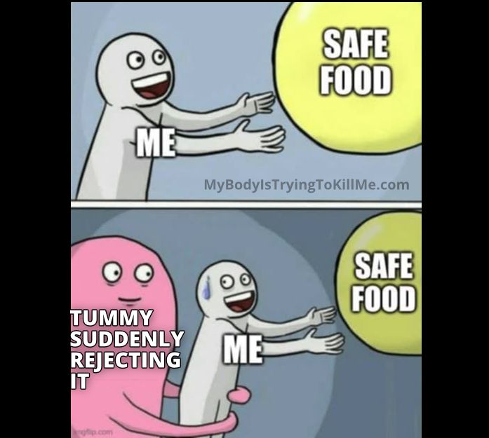 1 - guy (me) trying to grab a yellow ball (safe food)

2 - pink guy (tummy suddenly rejecting it) grabbing (me) while trying to grab (safe food)