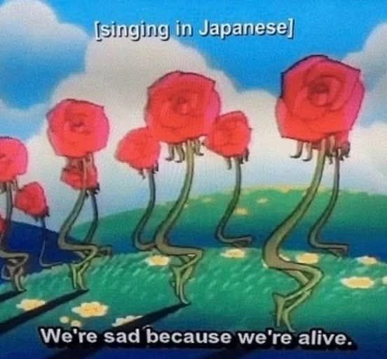 [Singing in Japanese]

Pic of flowers in a field

We're sad because we're alive