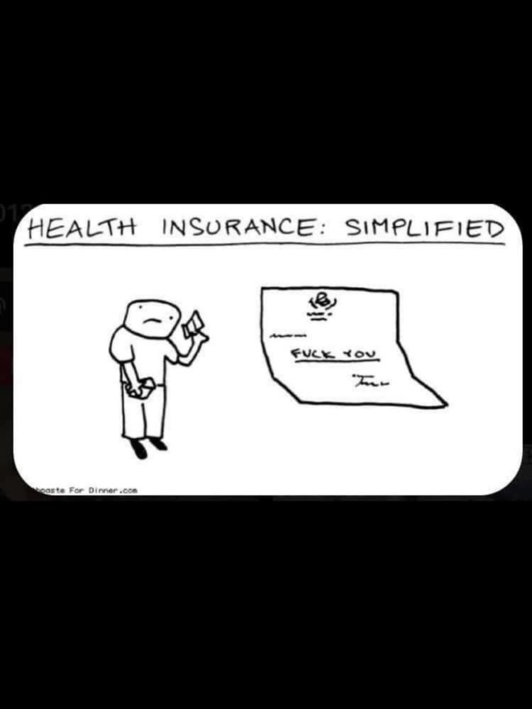 Artist: Drew Fairweather health insurance: simplified a guy holding up a note the note says F*ck you!
