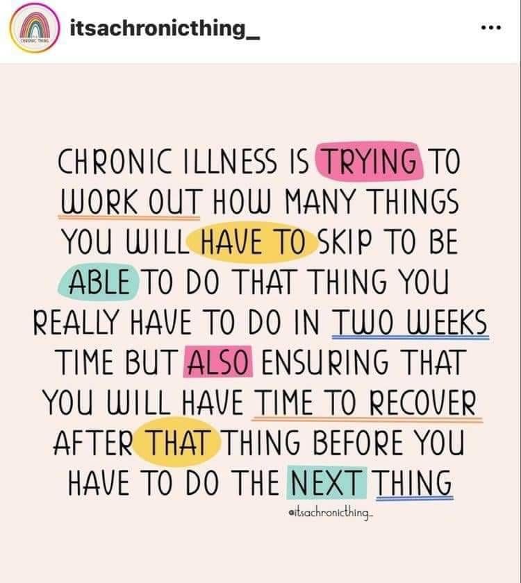 itsachronicthing_ chronic illness is trying to work out how many things you will have to skip to be able to do that thing you really have to do in 2 weeks time but also ensuring that you will have time to recover after that thing before you have to do the next thing source: itsachronicthing on Insta