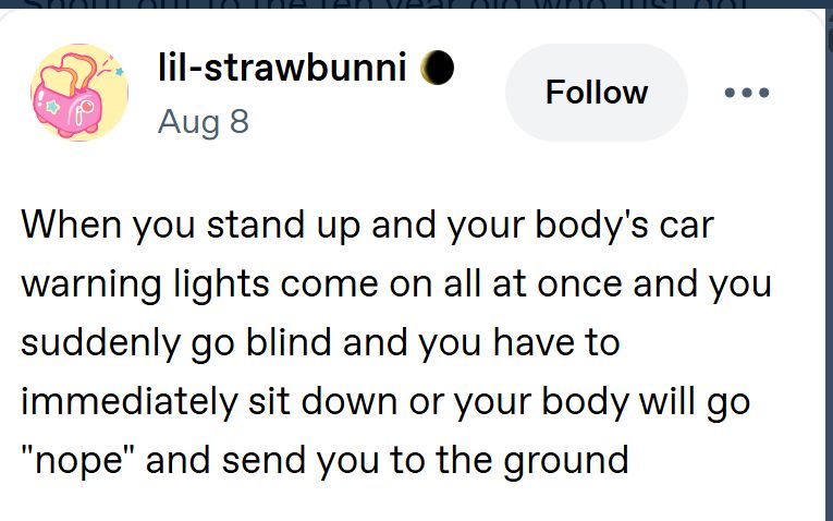 Source: lil-strawbunni on Tumblr - 
When you stand up and your body's car warning lights come on all at once and you suddenly go blind and you have to immediately sit down or your body will go "nope" and send you to the ground