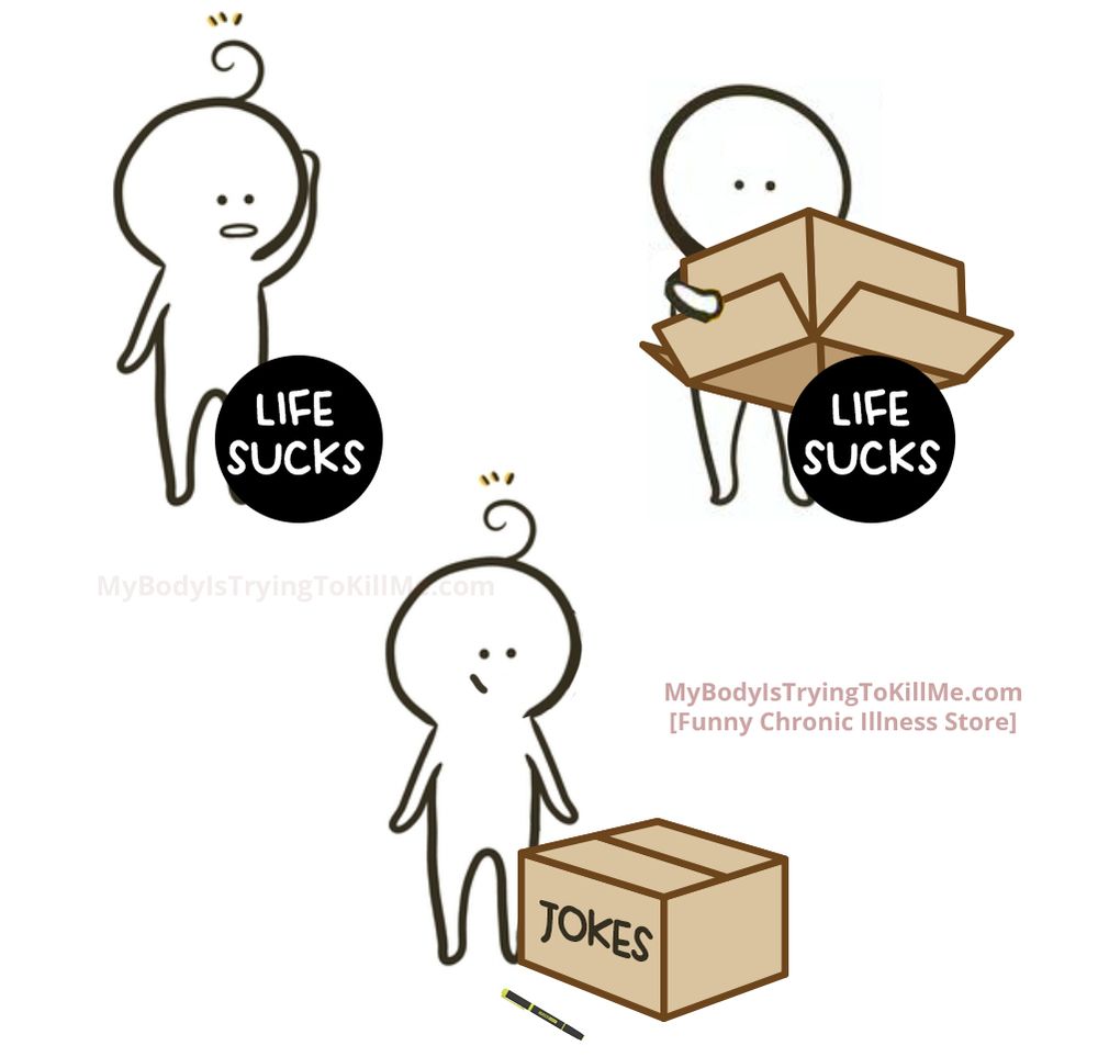 1st panel - confused guy looking at black ball that says 'life sucks'
2nd panel - guy taking a cardboard box and putting it over the black ball
3rd panel - guy has written jokes on the box covering the ball and is smiling