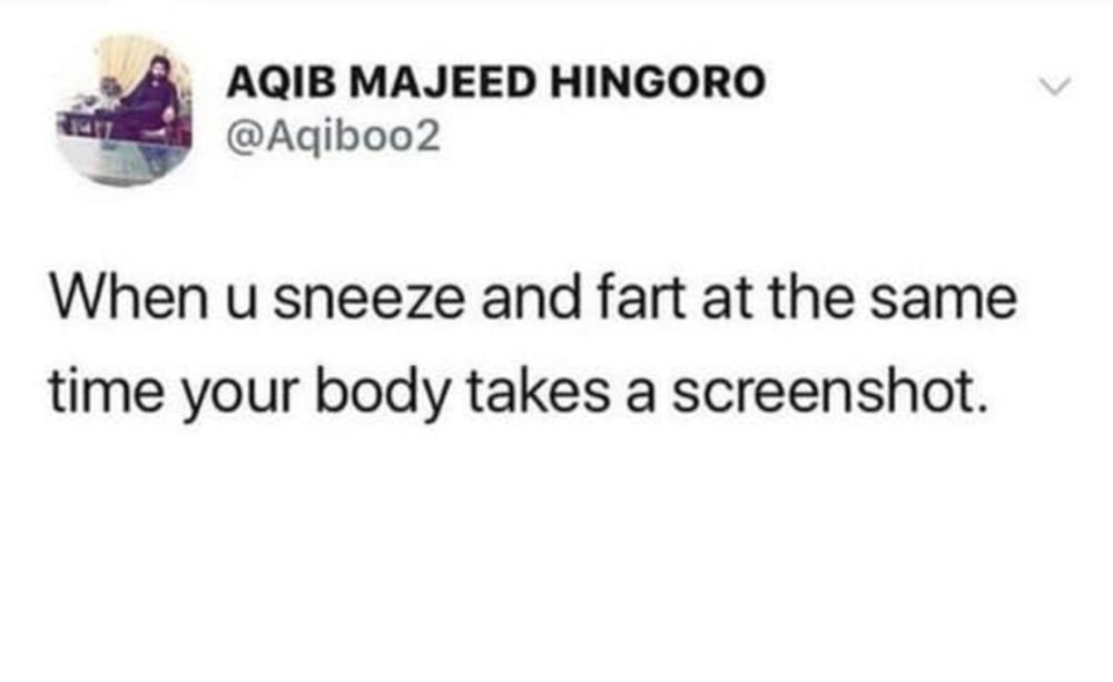 @Aqiboo2 When u sneeze and fart at the same time your body takes a screenshot.