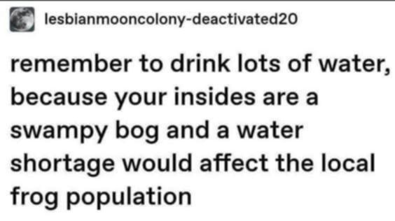 Source: lesbianmooncolony-deactivated2 on Tumblr

remember to drink lots of water, because your insides are a swampy bog and a water shortage would affect the local frog population