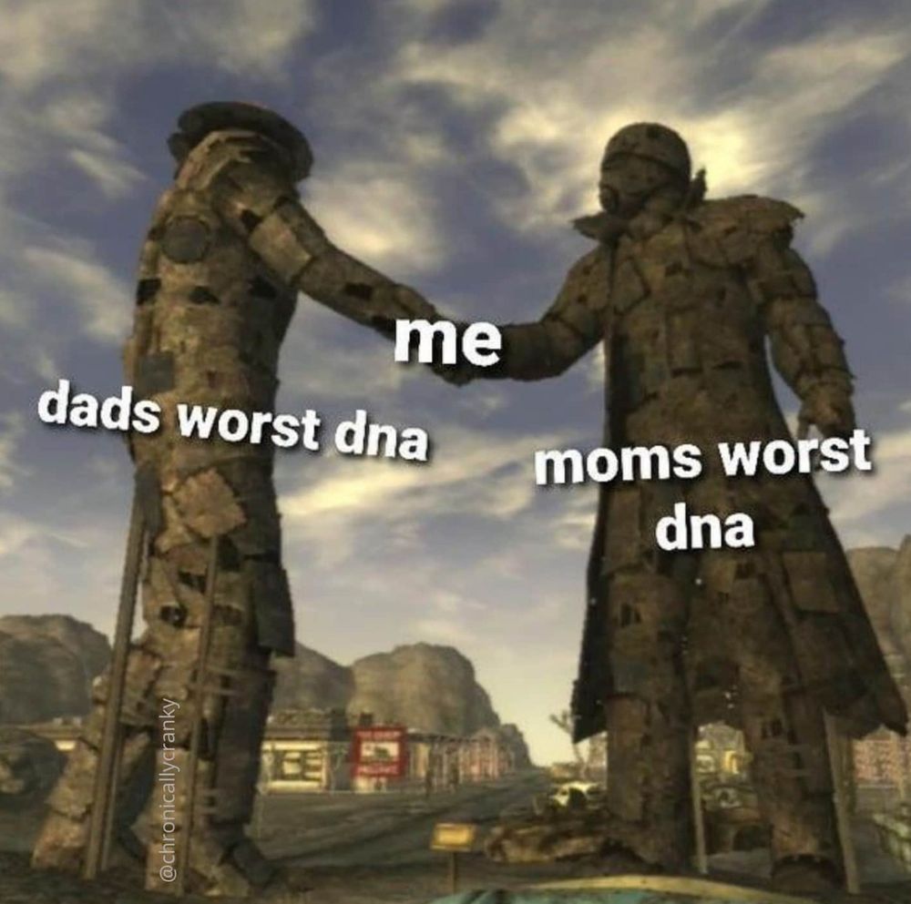 2 statues shaking hands, one named dad's worst dna and one named mom's worst dna and where they shake hands it says "me"