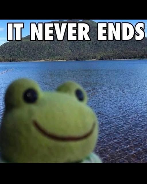 It never ends [pic of a toy frog with a lake and wooded area behind him]