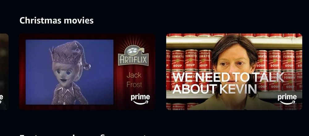 Screenshot of Amazon Prime Video showing the category “Christmas movies” and two films in the category, “Jack Frost” and “We Need To Talk About Kevin”. 