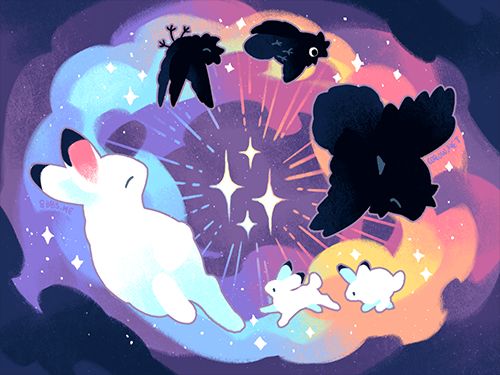 A drawing of 3 3-legged ravens and 3 white bunnies surrounding 4 large radiant stars, against a cloudy background.