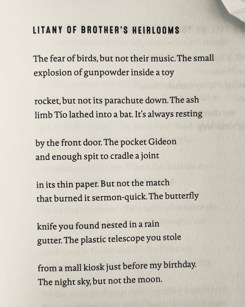 LITANY OF BROTHER'S HEIRLOOMS

The fear of birds, but not their music. The small explosion of gunpowder inside a toy

rocket, but not its parachute down. The ash limb Tío lathed into a bat. It's always resting

by the front door. The pocket Gideon 
and enough spit to cradle a joint

in its thin paper. But not the match 
that burned it sermon-quick. The butterfly

knife you found nested in a rain 
gutter. The plastic telescope you stole

from a mall kiosk just before my birthday.
The night sky, but not the moon.