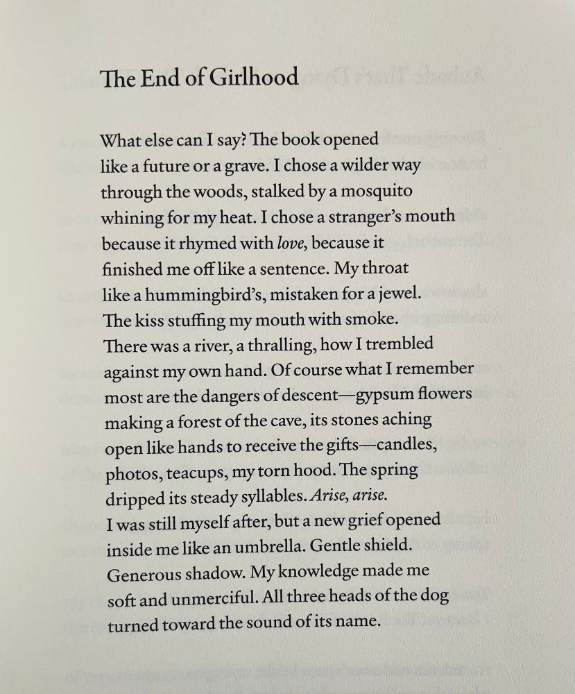 The End of Girlhood

What else can I say? The book opened 
like a future or a grave. I chose a wilder way through the woods, stalked by a mosquito whining for my heat. I chose a stranger's mouth because it rhymed with love, because it finished me off like a sentence. My throat like a hummingbird's, mistaken for a jewel.
The kiss stuffing my mouth with smoke.
There was a river, a thralling, how I trembled against my own hand. Of course what I remember most are the dangers of descent-gypsum flowers making a forest of the cave, its stones aching open like hands to receive the gifts— candles, photos, teacups, my torn hood. The spring dripped its steady syllables. Arise, arise. I was still myself after, but a new grief opened inside me like an umbrella. Gentle shield. Generous shadow. My knowledge made me soft and unmerciful. All three heads of the dog 
turned toward the sound of its name.