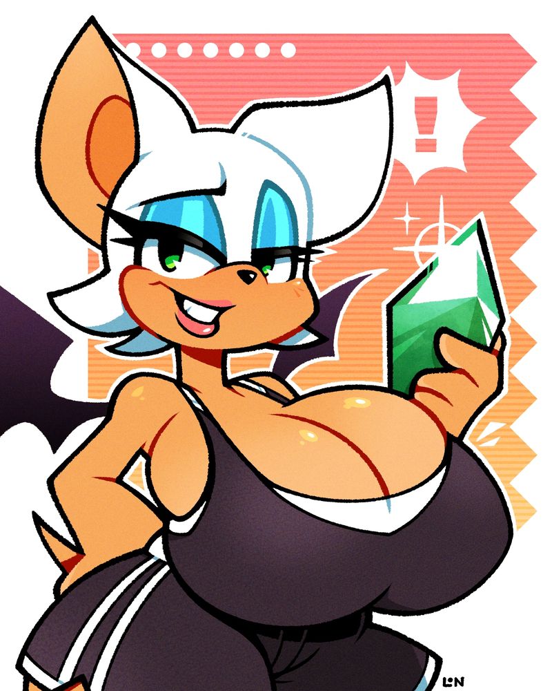 Rouge the Bat, wearing a sporty outfit similar to the one she wears in Sonic Riders, and holding an emerald shard 