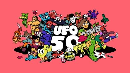 UFO 50 logo featuring its many characters: super soldiers, fish, spaceships, brawlers, etc 
