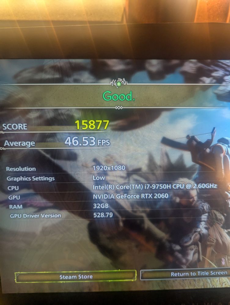Benchmark results for Monster Hunter Wilds, showing a score of 15877, 46 average FPS, on Low settings.
